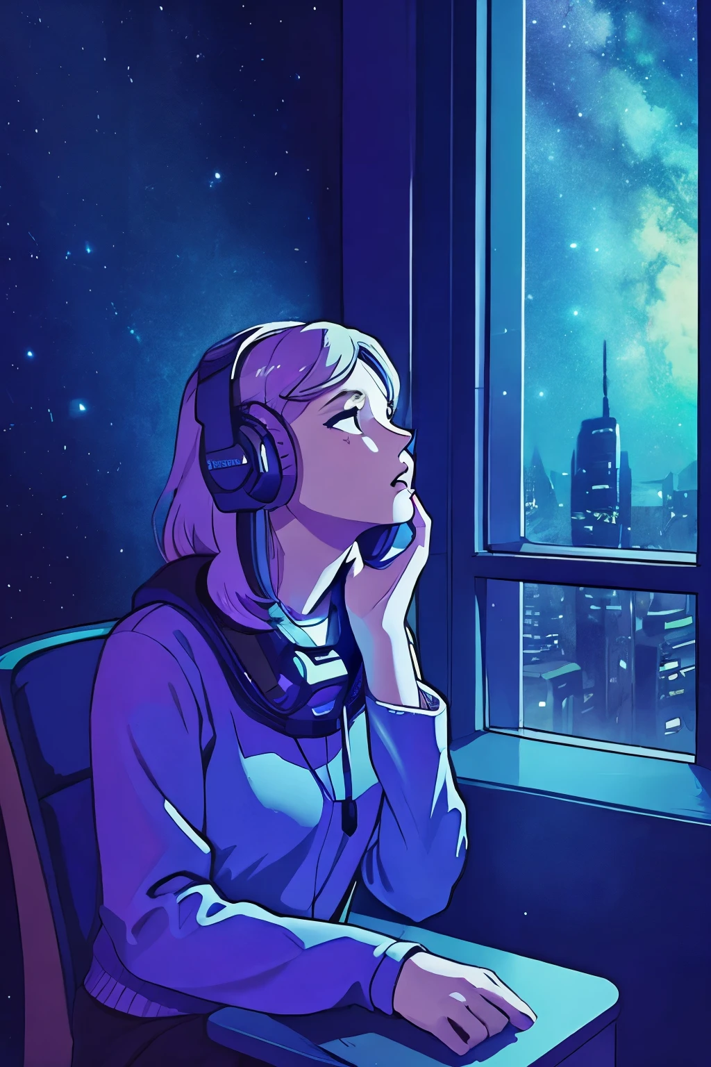A girl is listening to music with headphones in a dimly lit private room with neon lights. She is sitting in a chair, and she is looking up at the starry sky outside the window. The corners of the mouth are raised. He has an iPad in his hand. You can see the city lights and the starry sky from the window of the room.