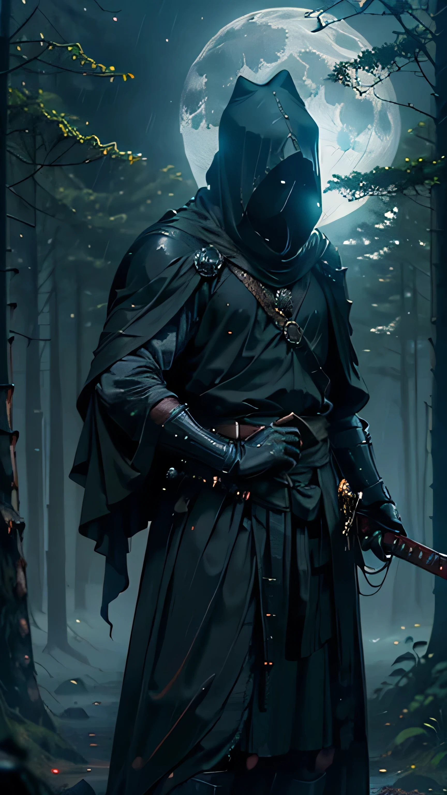 (Best Quality,ultra detailed),dark,wet,artificial raindrops falling,ancient medieval warrior standing in the rain, medieval traditional hat(fail),dense forest landscape,majestic and serene nature,full moon shining brightly in the night sky,black medieval outfit with fluorescent red stripes that glow in the moonlight,samurai sword sharpened and drawn(katana),