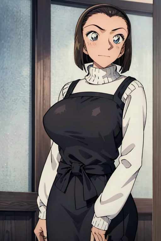 masterpiece, 16K, Japanese, 1 female ,60 years old ,(((White long sleeve warp knit sweater:1.5,Wear a black 2-corner camisole long dress:1.2))) ,(Big Breasts:1.5) , Realistic, double eyelid, Textured skin, 1080P, Canon, 8K, Very detailed, Accurate, Highest quality、impatience、Sweat:1.5、blush、Embarrassed face、smile、（Tight waist、Big Ass）