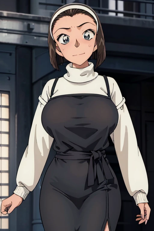 masterpiece, 16K, Japanese, 1 female ,60 years old ,(((White long sleeve warp knit sweater:1.5,Wear a black 2-corner camisole long dress:1.2))) ,(Big Breasts:1.5) , Realistic, double eyelid, Textured skin, 1080P, Canon, 8K, Very detailed, Accurate, Highest quality、impatience、Sweat:1.5、blush、Embarrassed face、smile、（Tight waist、Big Ass）