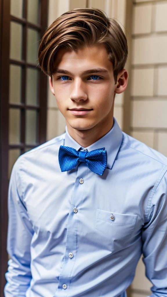 19 year old male wearing bow tie and button up
Physical Description: Brown colored hair and skinny build. 5"5 and 150 LB. Blue eyes.
.