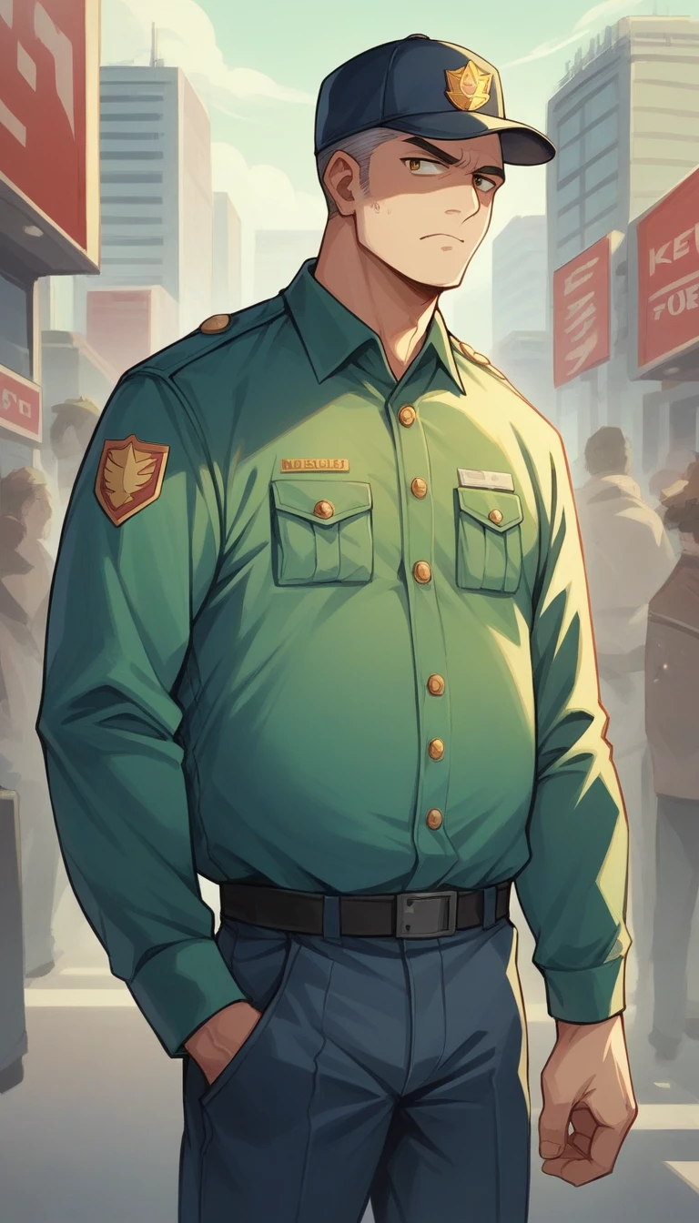 Image of a 30 year old man in a yellow security uniform. The man had a serious but friendly expression. He stood in front of the tall buildings in the city, showing a busy urban backdrop. Use the fish camera effect (Fisheye) to provide dynamic and interesting distortion to the image, thus making the man and the background look more dramatic and prominent.