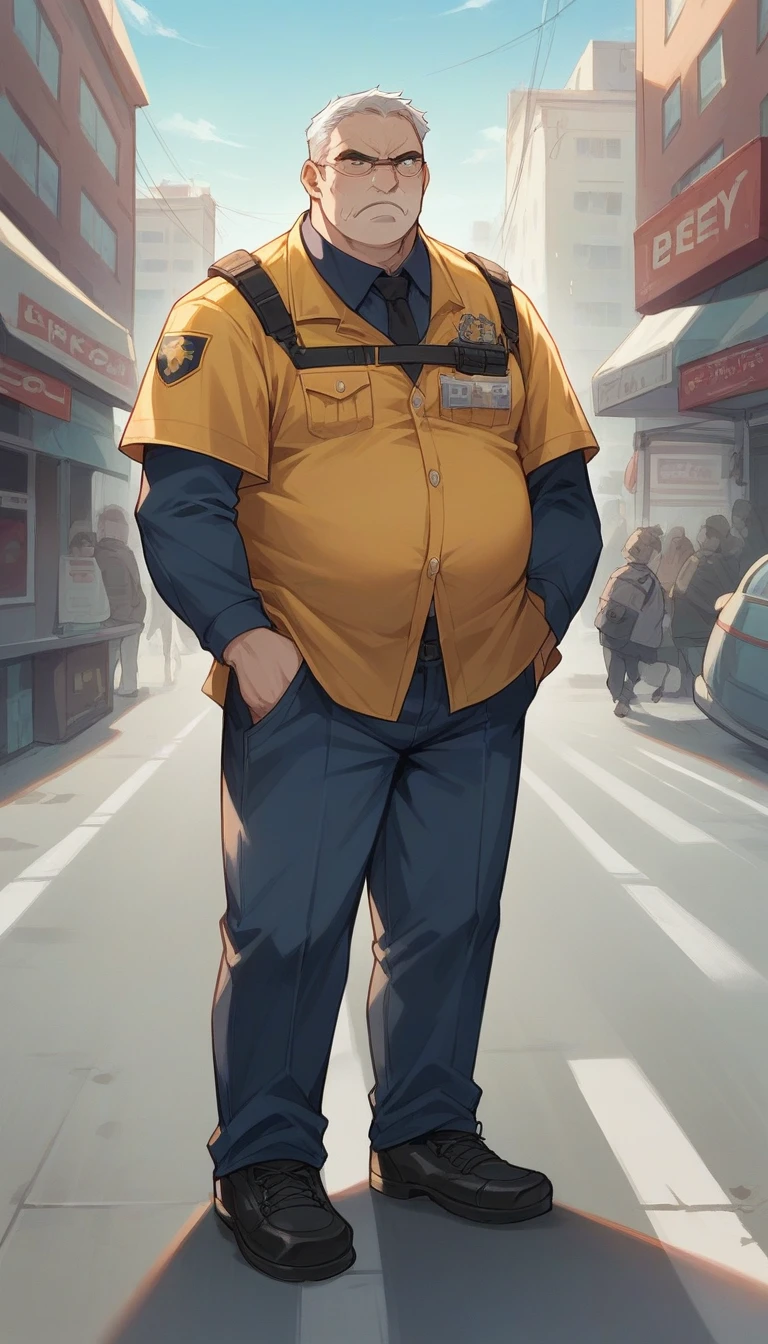 Image of a 30 year old man in a yellow security uniform. The man had a serious but friendly expression. He stood in front of the tall buildings in the city, showing a busy urban backdrop. Use the fish camera effect (Fisheye) to provide dynamic and interesting distortion to the image, thus making the man and the background look more dramatic and prominent.