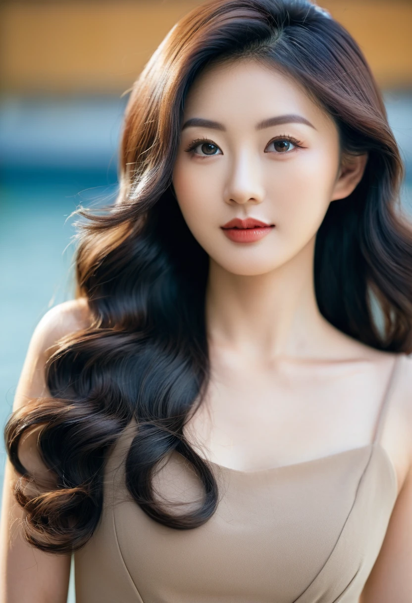 asian attractive woman with her hair curled, in the style of samyang af 14mm f/2.8 rf, oshare kei, dark beige, hyper-realistic water, distinct facial features, mori kei, hallyu --ar 73:110 --stylize 750 --v 6