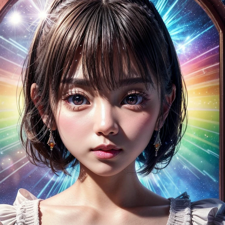 SFW, concept art, ExtremelyDetailed Tiny junior idol, Delicate lace knitted white clothes, (nipple:-0.9), face closeup, ((Dazzling stained glass Background)), (((Renbutsu Misako), colorful Light shines through stunning elaborate stained glass:1.2, RainbowColored Photon Particles, lens flare, light Particle)), (Acutance:0.8). (masterpiece:1.2),(ultra-detailed:1.37), (Photorealistic RAW photo-realistic:1.37), (Extremely detailed KAWAII face variations, innocent expression variations), PUNIPUNI rosy cheeks, ElaboratePupils detailed eyes with (sparkling highlights:1.28), (Voluminous LongEyelashes, subtle blush on the face. Mystic sight, haze, Radiant PearlSkin with Transparency, Glowing DowneyHair, CaptivatingGaze, ((Dynamic-angle, physically-based rendering)) . (((not Detailed fingers:-0.9))) .