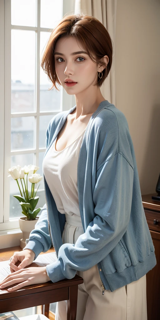 best quality, (masterpiece:1.2), illustration, absurdres, (1girl, solo), (beautiful detailed girl), ((upper body, portrait)),, Kaela MacMillan, short hair, orange hair, blue eyes, medium breasts, blue crystal earrings, white jacket, , cool, calm, looking at viewer,, inside elegant bedroom, night, window, curtain, starry sky, lamp, bookcase, nightstand, vase, desk,