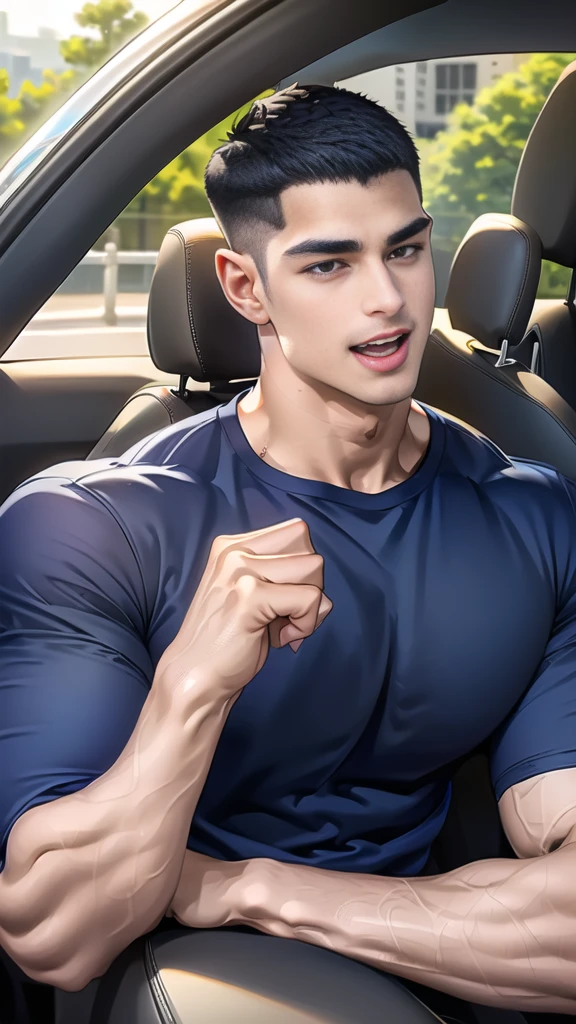 (Create a masterpiece: 1.2),(CGI art:1.3),(realistic:1.5),(After processing:1.3),(Sharp focus:1.3), 1 man holds the steering wheel of a car ,(crew cut short hair:1.8),black eye, smile, (Wear color navy round neck T-shirt with a Police badge: 1.3), Navy blue jeans, Korean guy , korean men, (High gloss details), chest muscles, large arm muscles, blood vessel, Big muscles, Broad shoulders, looking at the audience, Balancing the eyes, middle of the road, (drive a car: 1.5), (in the car: 1.3), , middle of the road, (open mouth:1.2)