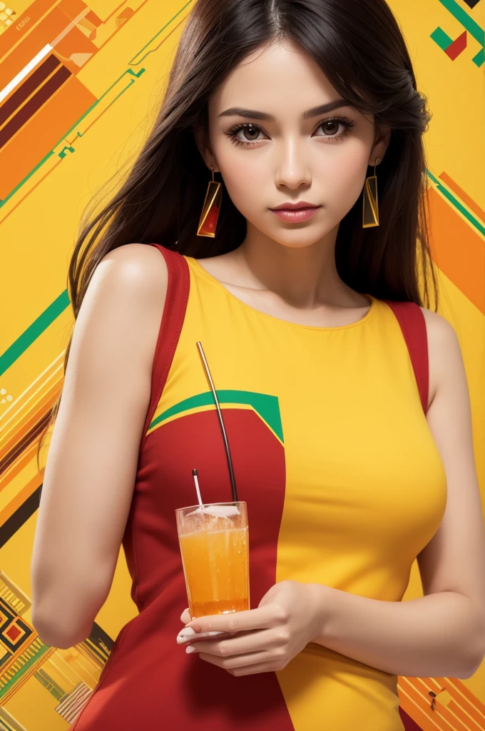 Drink label with, Woman , Estilo Retrato, holding glass of drink, soft yellow and red clothes, brazilian style, geometric style neutral background