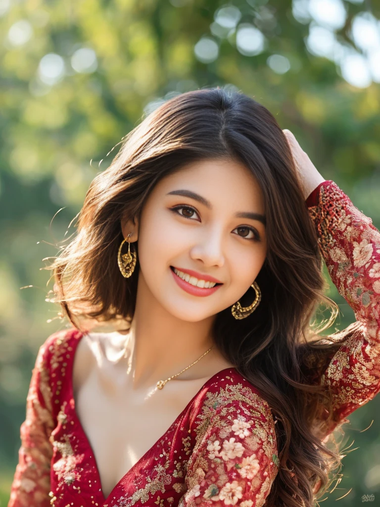 8K, ultra high detailed, an indian girl, cute smile realistic face, happy, long hair, impressive hairstyle, detailed eyes, detailed lips, indian clothes,  cherry red dress, lace, wearing jewellery, nature background, flowers, afternoon, shadow, clear weather, whole body capture,noch slim image long