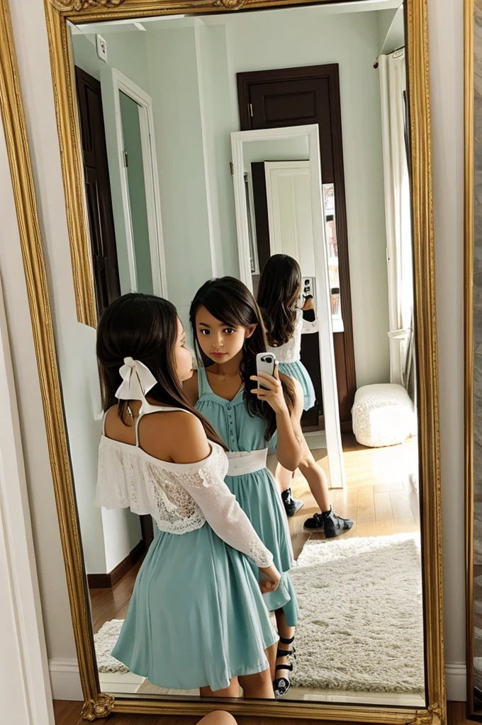 A girl taking the mirror selfie 
