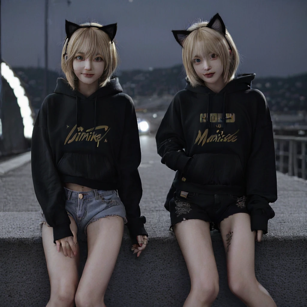 (masterpiece), (highest quality), (illustration), (super detailed), (high resolution), absurdity, one girl, (kagamine-rin), (vocaloid), smile, short hair, hair clip, (hoodie with cat ears), wearing a hoodie hat, moe sleeves, blush, black shorts, (blonde), (tattoo of the number 02 on the left arm), very cute girl, small, young, delicate, Outdoors, attention to girls