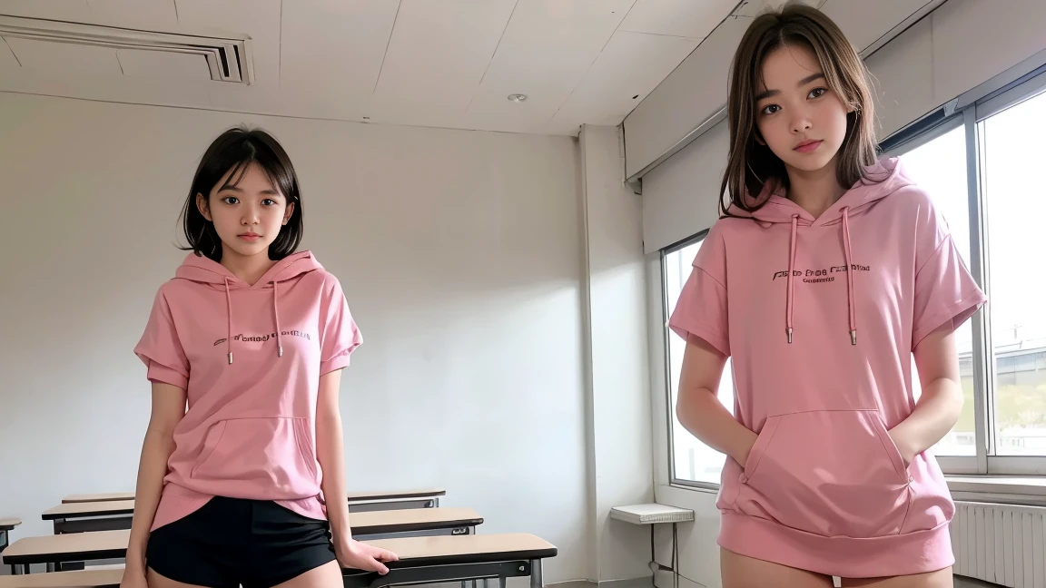 deux femmes ensemble de 18 ans sexy et mince , pink short sleeve hoodie , salle de classe, se touche,position sey,sensuel