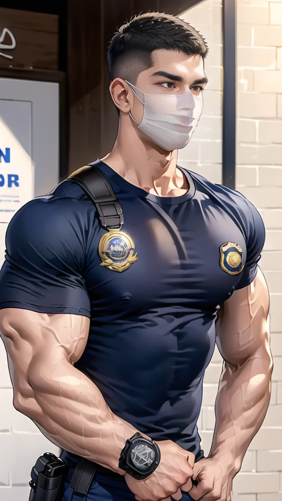 (handsome Man),(crew cut short hair:1.8),black eye,(Wear a fitted round neck t-shirt in navy with a police badge.:1.5),(fit neck),Navy blue jeans,(black_gloves:1.2), Korean guy,chest muscles,large arm muscles,blood vessel,Big muscles,Broad shoulders, (open mouth:1.2),(face up:1.2),(open eyes:1.5), middle of the road,smile,(backpack:1.3), In front of the bread shop ,(Cotton Mask:1.3