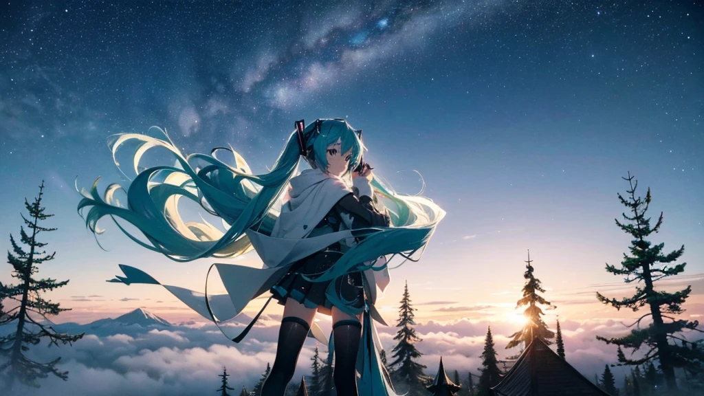 Set against the backdrop of an adventurous fantasy world、This is an image of Hatsune Miku.。She wears a mysterious cloak。The surroundings are shrouded in fog、In the distance you can see the silhouette of an ancient castle。The sky is a starry night、The moon casts a magical light over the forest.。