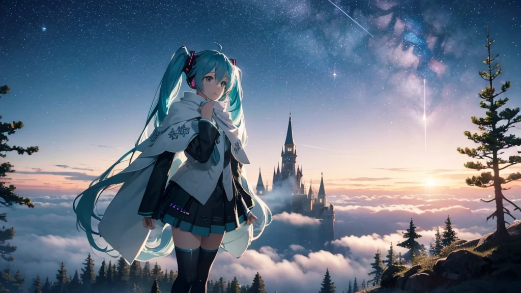 Set against the backdrop of an adventurous fantasy world、This is an image of Hatsune Miku.。She wears a mysterious cloak。The surroundings are shrouded in fog、In the distance you can see the silhouette of an ancient castle。The sky is a starry night、The moon casts a magical light over the forest.。