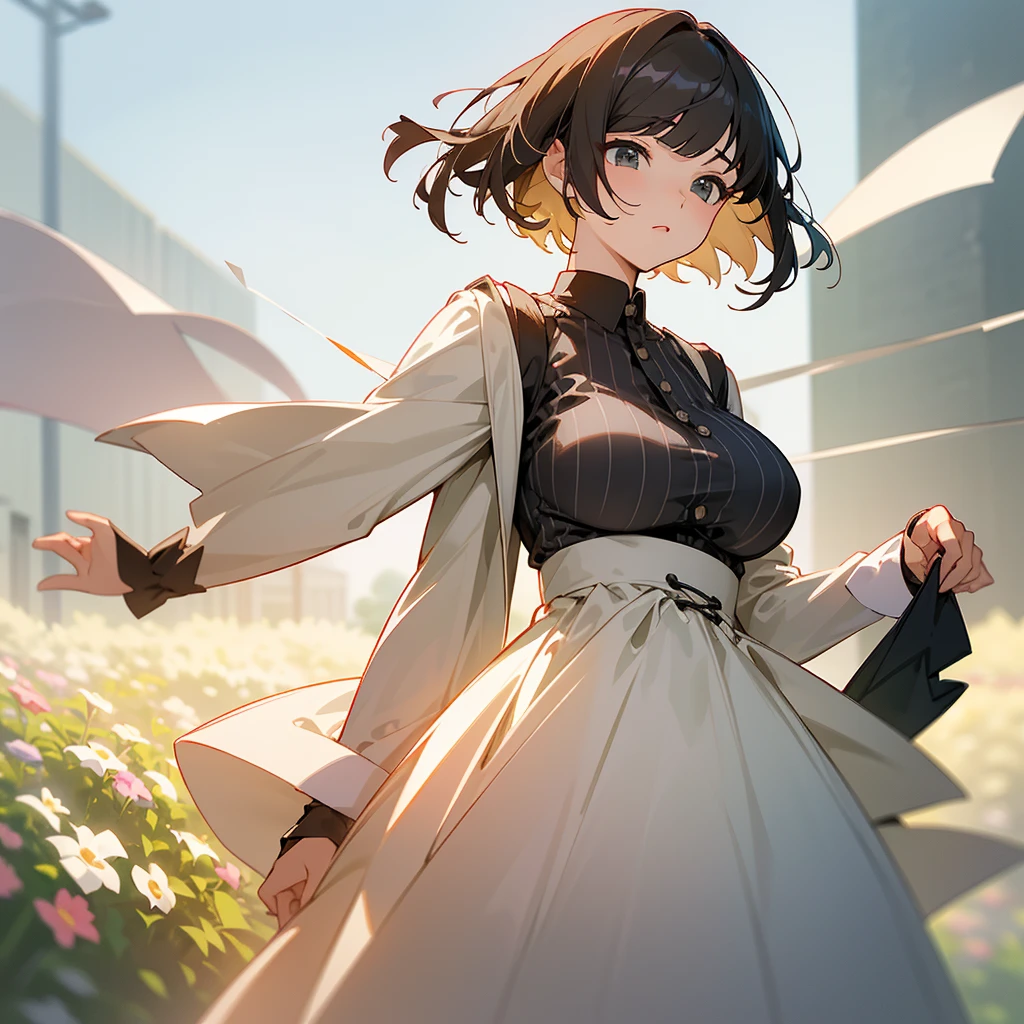 Highest quality, 1peopleの女の子, (skeindentation), (Huge breasts:1.2), (blur bacけground:0.6), (street:1.2), (people々, crowd:1), garden, Day, Outdoor, (Casual yet stylish, Elegant fabric, high necけ dress:1.5), nice, (bangs, short hair:1.5), (Floating Hair:1.2), (Dynamic pose:1.2), Soft lighting, Wind, (Front light:1.5),  makeeup, 