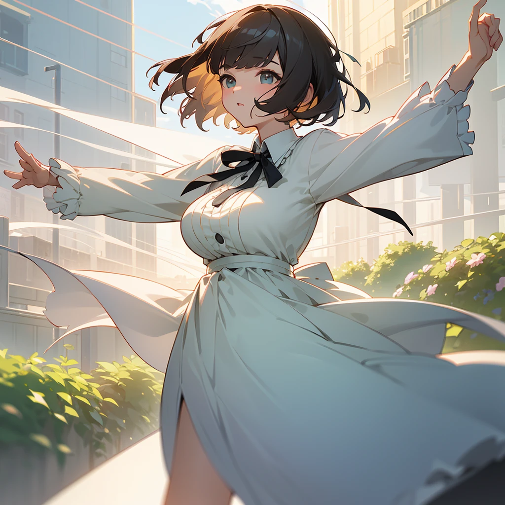 Highest quality, 1peopleの女の子, (skeindentation), (Huge breasts:1.2), (blur bacけground:0.6), (street:1.2), (people々, crowd:1), garden, Day, Outdoor, (Casual yet stylish, Elegant fabric, high necけ dress:1.5), nice, (bangs, short hair:1.5), (Floating Hair:1.2), (Dynamic pose:1.2), Soft lighting, Wind, (Front light:1.5), makeeup,