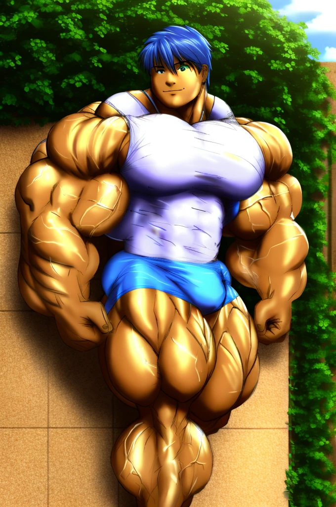 muscular boy , alone , erotic , lying down, garden , soft shading, standing , mbbbbb , smile , blue hair, green eyes ,() , white sleeveless shirt and blue shorts, hyper muscle, Huge muscle , bigs pecs muscle, bigs muscles , muscular thighs, muscular glutes, muscular legs masive muscles , ass muscle, light skin color white , Prince muscle , is waiting in the garden , macro muscle , muscle growth , too many muscles , yaoi , gay , Prince boy