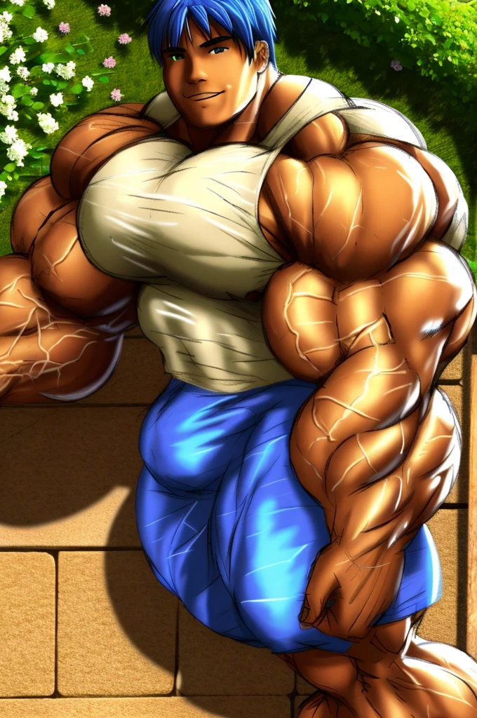 muscular boy , alone , erotic , lying down, garden , soft shading, standing , mbbbbb , smile , blue hair, green eyes ,() , white sleeveless shirt and blue shorts, hyper muscle, Huge muscle , bigs pecs muscle, bigs muscles , muscular thighs, muscular glutes, muscular legs masive muscles , ass muscle, light skin color white , Prince muscle , is waiting in the garden , macro muscle , muscle growth , too many muscles , yaoi , gay , Prince boy