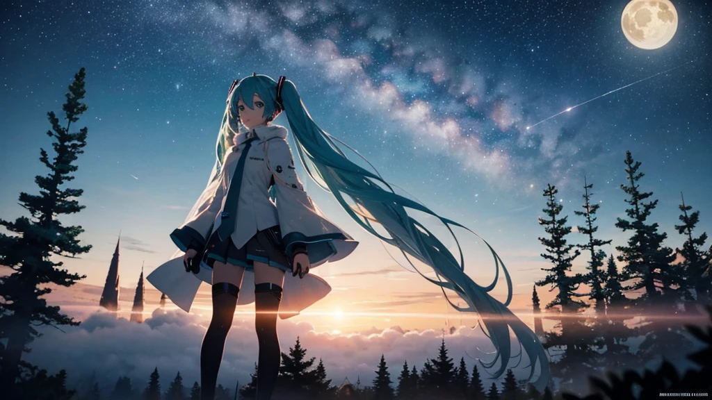 Set against the backdrop of an adventurous fantasy world、This is an image of Hatsune Miku.。She wears a mysterious cloak。The surroundings are shrouded in fog、In the distance you can see the silhouette of an ancient castle。The sky is a starry night、The moon casts a magical light over the forest.。