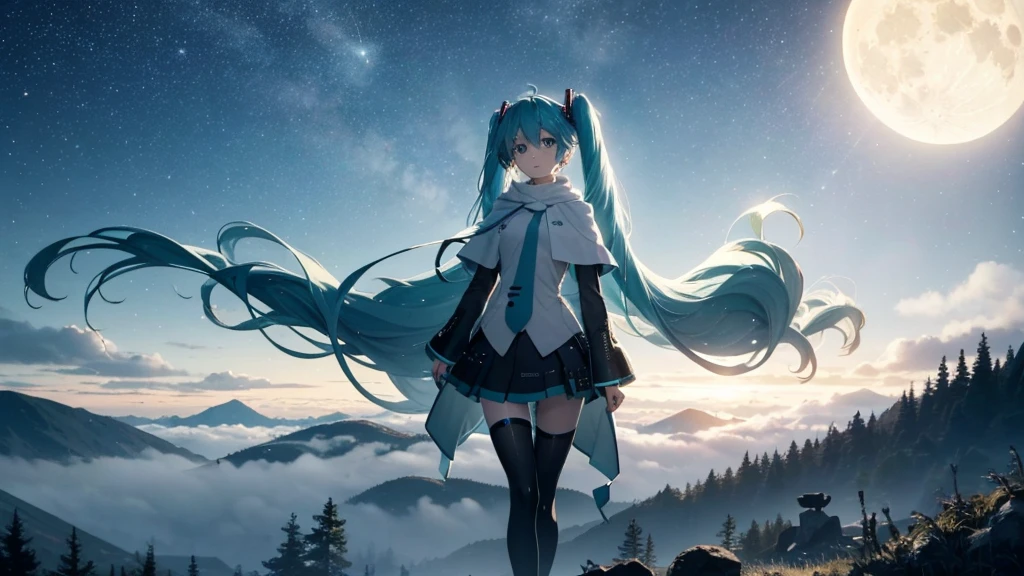 Set against the backdrop of an adventurous fantasy world、This is an image of Hatsune Miku.。She wears a mysterious cloak。The surroundings are shrouded in fog、In the distance you can see the silhouette of an ancient castle。The sky is a starry night、The moon casts a magical light over the forest.。