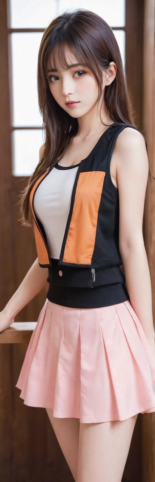 (masterpiece, Highest quality:1.2), One girl, alone,Are standing_Split,
Yuki mandarin orange, Long Hair,black sleeveless short vest,Pink Skirt,black