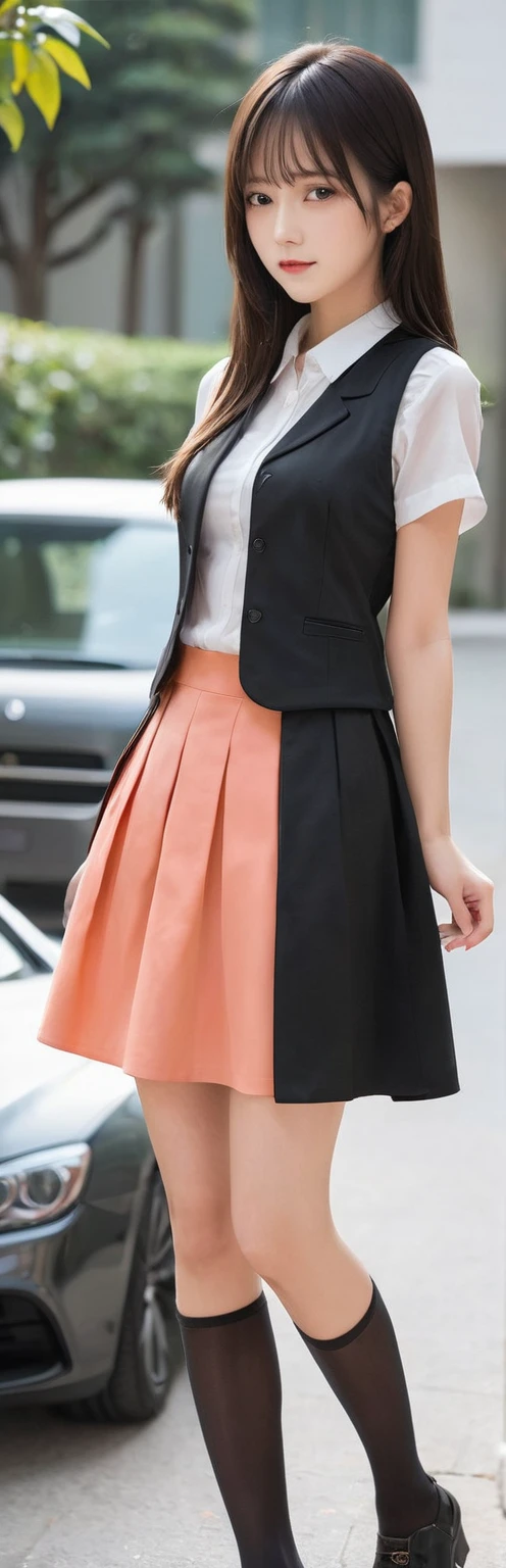 (masterpiece, Highest quality:1.2), One girl, alone,Are standing_Split,
Yuki mandarin orange, Long Hair,black sleeveless short vest,Pink Skirt,black