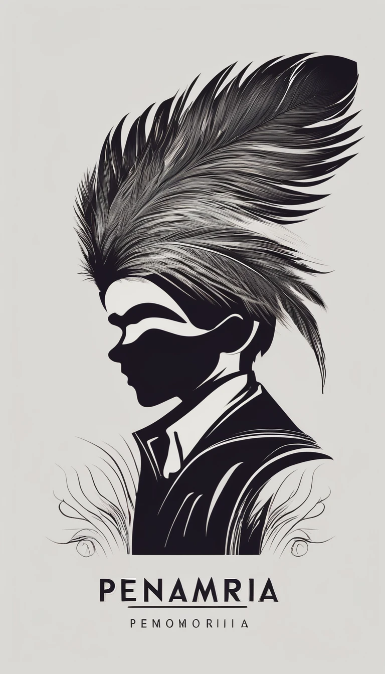 A minimal, modern, simple, cinematic logotype of a boy with a head full of feathers for the brand “Penamemoria" .