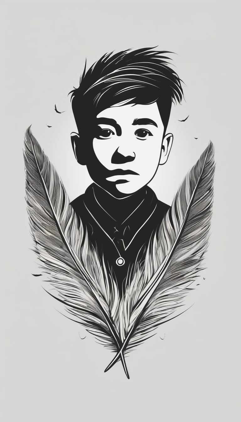 A minimal, modern, simple, cinematic logotype of a boy with a head full of feathers for the brand “Penamemoria" .