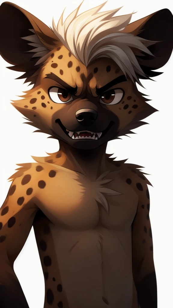 masterpiece，hyena，male，child，Solitary，Minimal details，Delicate eyes，Brown eyes，Hair，White background，Cartoon style，White hair，Facing the camera，very angry，Show your teeth