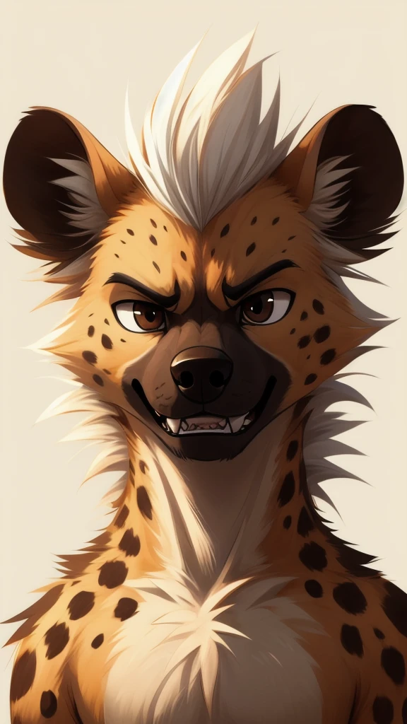 Solo, score_9,score_8_up,score_7_up, flat colors, source_furry, a young female spotted hyena, brown snout, black nose, brown eyes, short spiked undercut platinum blonde hair, black lips, brown hyena tail, brown hyena ears, naked, small breasts, feminine hourglass figure, grinning, sharp canine teeth, portrait, naked, side view, grinning, clenched teeth, close up, smiling