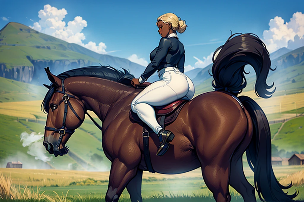  full figured very dark skinned African woman riding a big  Belgian draft horse  mare (side view). big bum. very short tail. horse facing horizon .   flat grass meadow. steaming horse dung behind horse.   cloudless blue sky. 