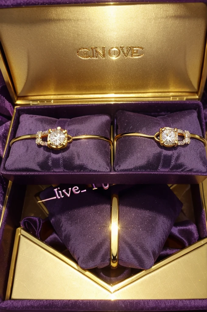 Two gold rings set with diamonds in a purple box, ibenk love happy writing in gold on the inside lid of the box