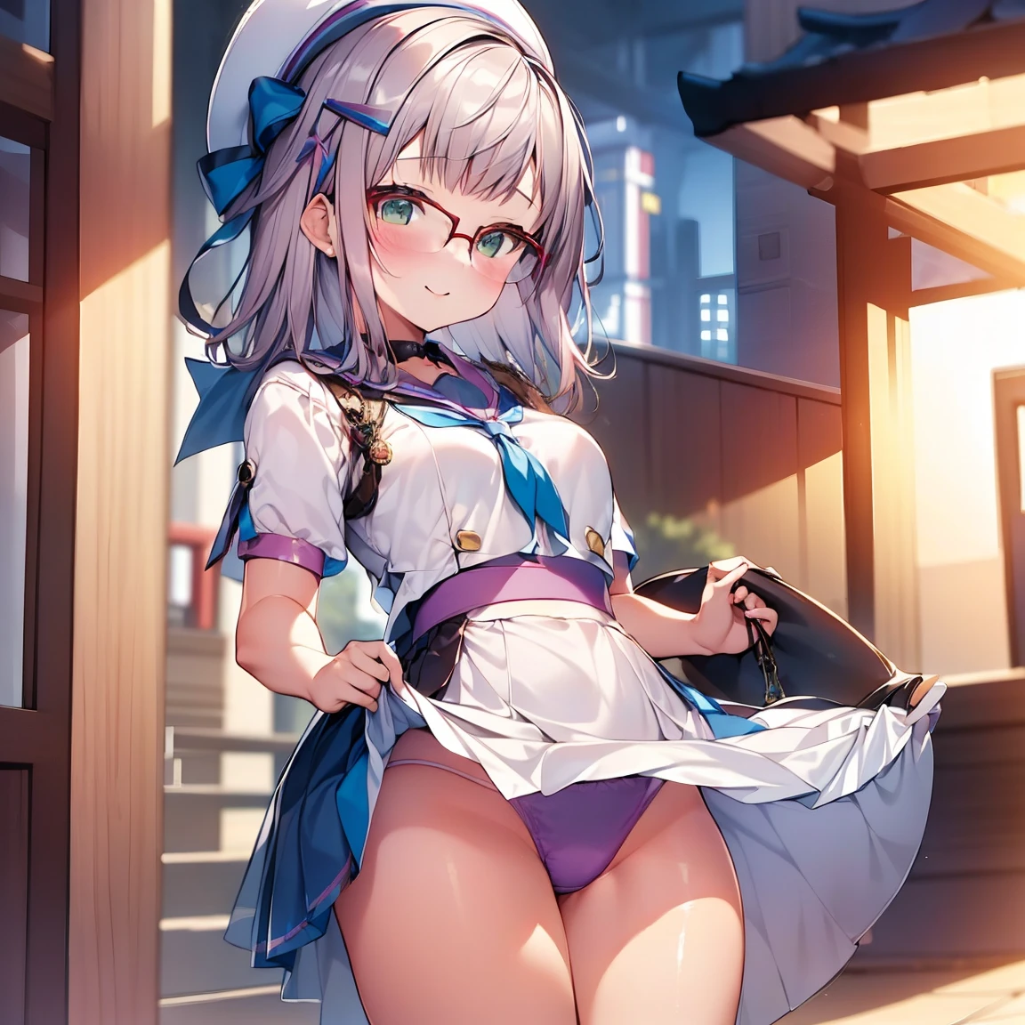 8K、masterpiece、Japanese、Woman wearing glasses、Neon(nod)、from the front、smile、Childish、Small breasts、See-through underwear、night、Bedroom、Show your underwear、mini skirt