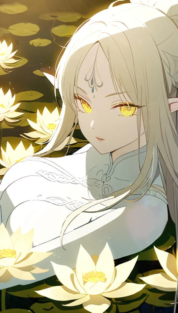 1woman, elven, light god, light blonde hair, longest hairstyle, glowing yellow eyes, sat on lotus fields, thai style, elegant, traditional thai white dress,