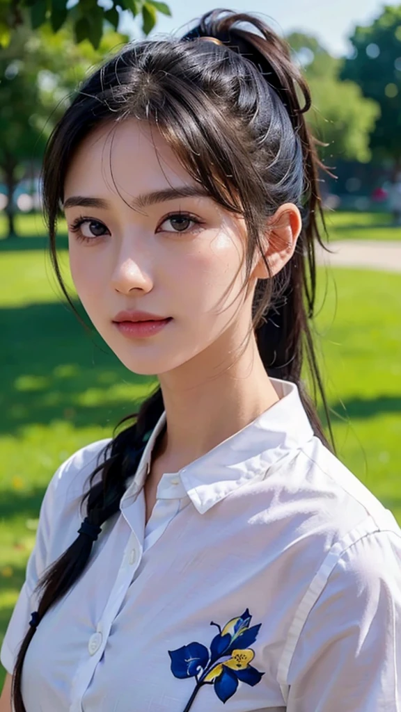 White collared shirt,jeans,outdoors,Urban Park,On the lawn,One woman,close up face,fully body photo,masutepiece, The highest image quality, High quality, the background is clear,Beautiful woman, Japanese, Detailed, Ultra-detailed, finely detail, hight resolution, 8K Wallpaper, Perfect dynamic composition, Beautiful detailed eyes ,Detailed eyes, Detailed skin, Beautiful skin, 超hight resolution, (reality: 1.4),Very beautiful woman, Slightly younger face, Beautiful skin, slender, (Ultra photo realsisim), (hight resolution), (8K), (Very detailed) (beautifully detailed eyes), (super detailed), (Detailed face), view the viewer, Fine details, Detailed face, Staring straight ahead, Staring straight ahead, photos realistic, Bright lighting, Professional Lighting, Black hair,poneyTail,a baby face,sixteen years old,Hairstyle: ponytail,Long ponytail hairstyle,slight smile,