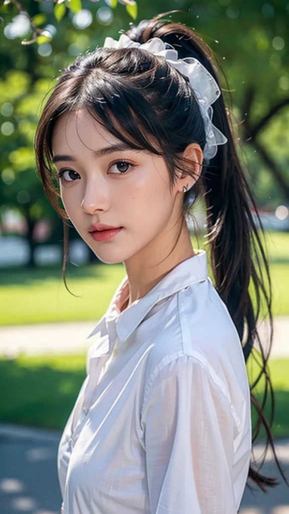White collared shirt,jeans,outdoors,Urban Park,On the lawn,One woman,close up face,fully body photo,masutepiece, The highest image quality, High quality, the background is clear，Beautiful woman, Japanese, Detailed, Ultra-detailed, finely detail, hight resolution, 8K Wallpaper, Perfect dynamic composition, Beautiful detailed eyes ,Detailed eyes, Detailed skin, Beautiful skin, 超hight resolution, (reality: 1.4),Very beautiful woman, Slightly younger face, Beautiful skin, slender, (Ultra photo realsisim), (hight resolution), (8K), (Very detailed) (beautifully detailed eyes), (super detailed),   (Detailed face), view the viewer, Fine details, Detailed face, Staring straight ahead, Staring straight ahead, photos realistic, Bright lighting, Professional Lighting, Black hair,poneyTail,a baby face,sixteen years old,Hairstyle: ponytail,Long ponytail hairstyle,slight smile,