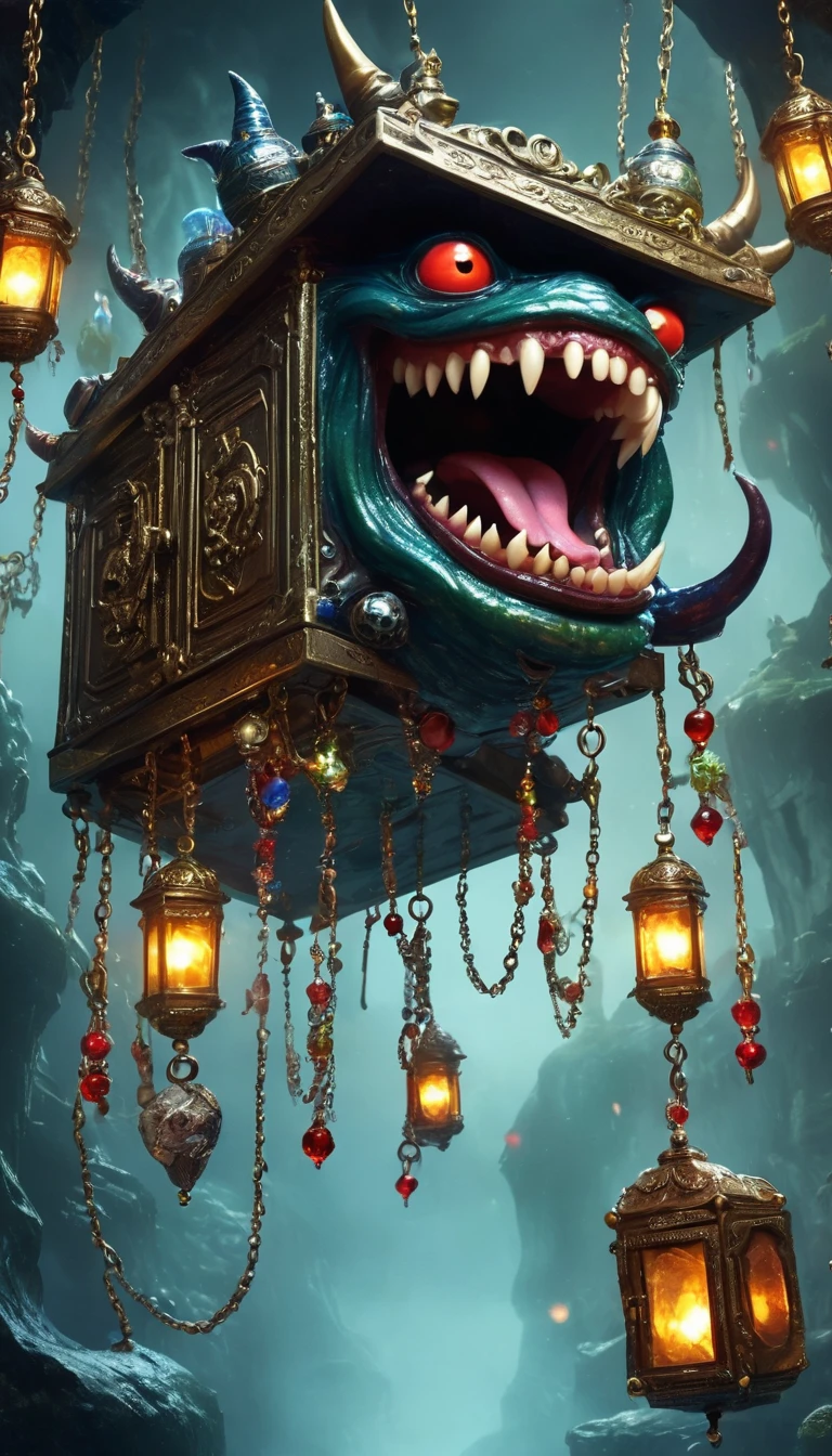 (masterpiece, best quality:1.2), dark,Fear,imitate,Suspension,Mimic,Treasure Box Monster,Weird tongue and nasty teeth. Scattered jewelry,Greedy should be open, Reveals a big,