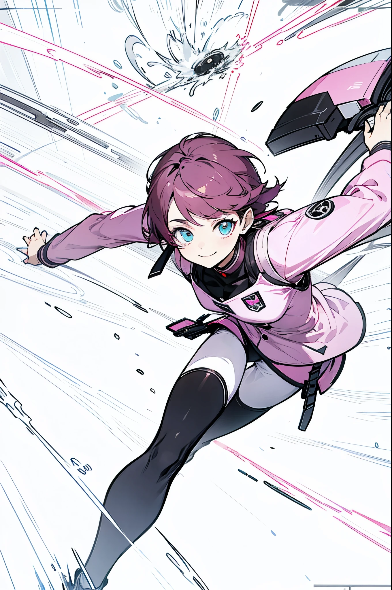 This 16-year-old energetic girl,The name is Peanut,Mature but smiling,Short hair with pink highlights,Pure black tight combat uniform,Not afraid of death,Optimistic and cheerful