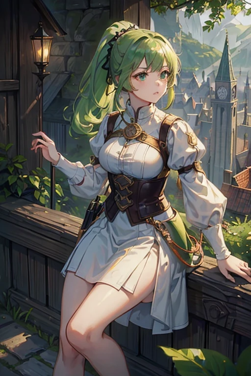 (masterpiece, Highest quality:1.3), One girl, alone，ponytail，Green and white gradient hair，Green Eyes,Adventurer,middle ages,Leather shoes,Background city,Sword in left hand,White clothes,