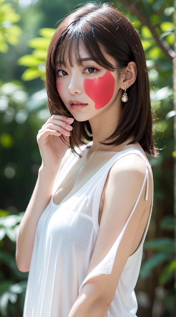 1womanl, up of face, Half skinhead、mideum breasts, light brown hair, Blunt bangs, hair behind ear, hair over shoulder, Long hair, slender body shape, Ultra Fine Face, Thin face, Delicate lips, Beautiful eyes, thin blush, eyes are light brown, perfect glossy skin, flawless skin, Glistening sweat,View here, Ultra-thin hands, Ultra-fine fingers, best ratio four finger and one thumb, (realisitic:1.3), Finger Extensions, See-through white blouse. Broad-leaved forest, One-person viewpoint, fuji film, F/1.2, 8K, masutepiece, nffsw, Super Detail, High quality, Best Quality, hight resolution,