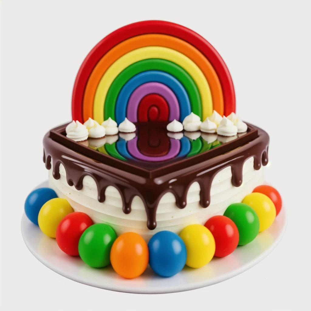 on a wooden table, on a white porcelain plate, a tiny cake, the walls of the cake are made of multi-colored chocolate bars, on top are multi-colored cream stripes, multi-colored candies in the form of balls, bright lights, soft light, window light, professional lighting, light from the window, neat light, realistic texture, realistic style, detailed texture, high quality, high resolution, high quality rendering, realistic photo, brightning light, macro photo