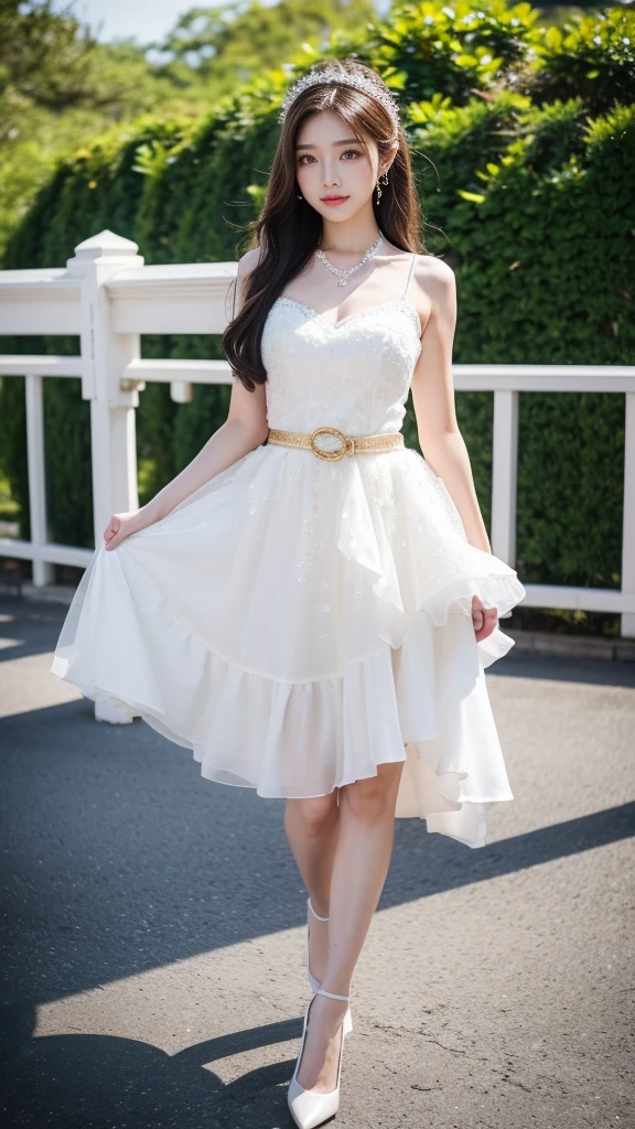 (Best quality),((8K))(Very detailed)(Photography class techniques)On the bridge,A model wearing a gorgeous dress,Standing there with grace。Her makeup is exquisite,Deep eye makeup,Bright lip color,Make her look even more charming and moving。Her posture is confident and natural,Tall and straight,Light on the Step,Every movement is full of feminine charm and confidence。
Her dress is beautifully designed,The details are handled very well。The skirt is fluffy,Full of layers,You can't help but want to touch it。She wore a thin golden belt around her waist.,Showing off her figure perfectly。Her high heels are also very beautiful,The heel is slender,Crystal-encrusted upper,Let her walk more gracefully。
The whole shape is perfect,People can't help but fall for it。Her appearance,Let the pedestrians on the bridge stop and take a look,They cast envious glances。She's like a princess,grace、confidence、beauty,Make people fall for it。
