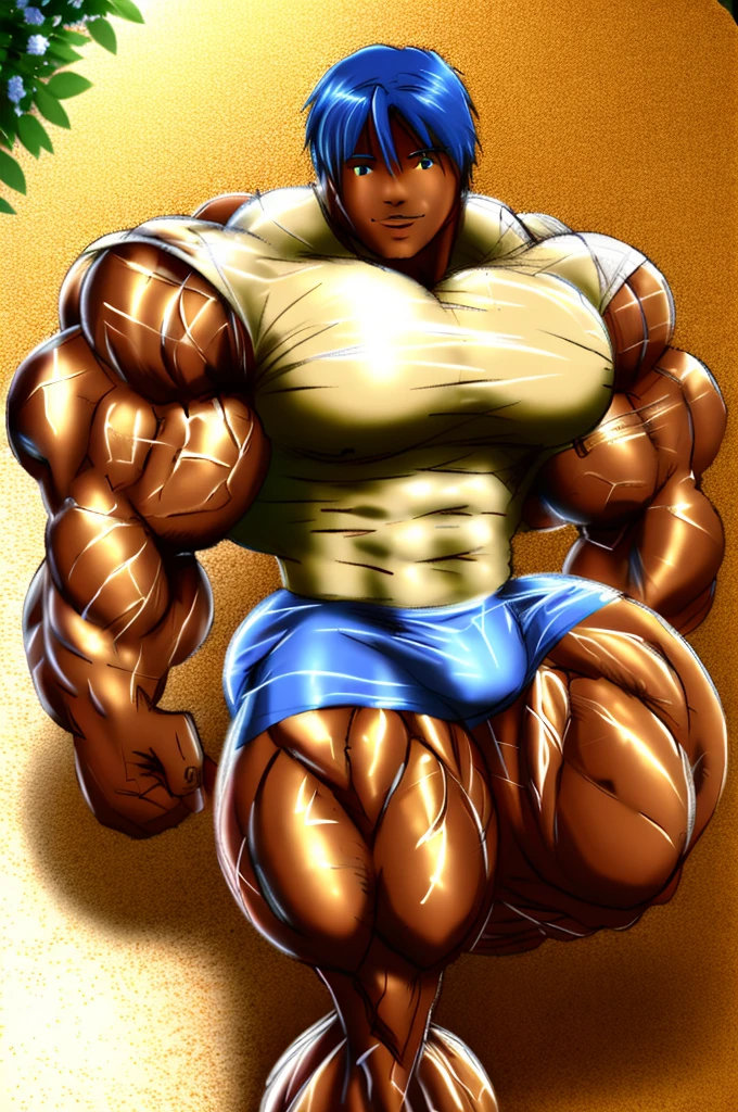 muscular boy , alone , erotic , lying down, garden  , soft shading, standing , mbbbbb , smile , blue hair, green eyes ,() , white sleeveless shirt and blue shorts, hyper muscle, Huge muscle , bigs pecs muscle, bigs muscles , muscular thighs, muscular glutes, muscular legs masive muscles , ass muscle, light skin color white , Prince muscle , is waiting in the garden , macro muscle , muscle growth , too many muscles , yaoi , gay  , Prince boy 