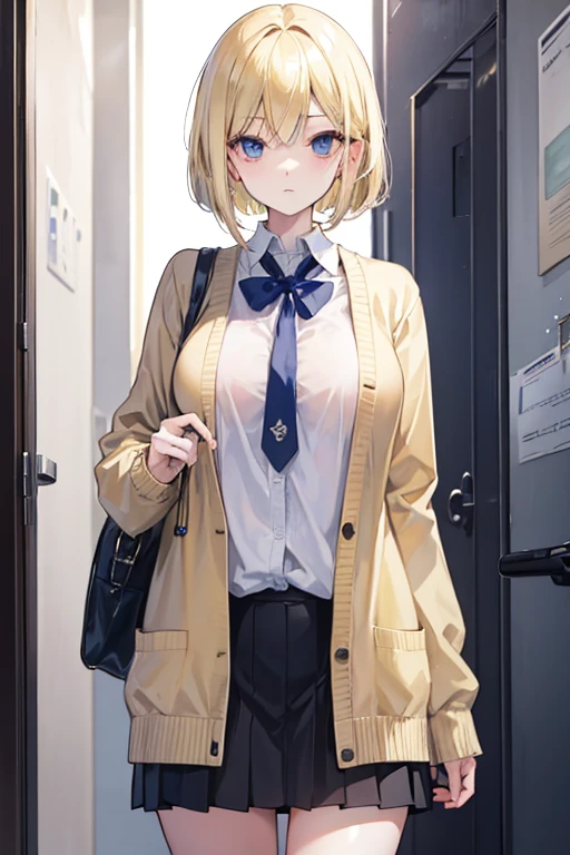 masterpiece blonde Bob high school girl small Big Breasts The face is pale Scared cardigan whole body Gal Detective thin