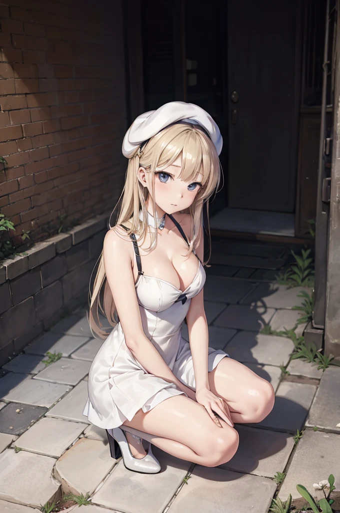 Anime-style image of a woman in a short dress sitting on a cobblestone sidewalk, , Beautiful anime girl squatting, a Surreal , Anime girl crouching, Seductive anime beautiful girl, Surreal , Lori, Photorealistic Anime Girl Rendering, Smooth anime CG art, Cute anime beautiful girl in a nice dress、A beautiful girl with silver blonde hair wearing a beret and high heels、