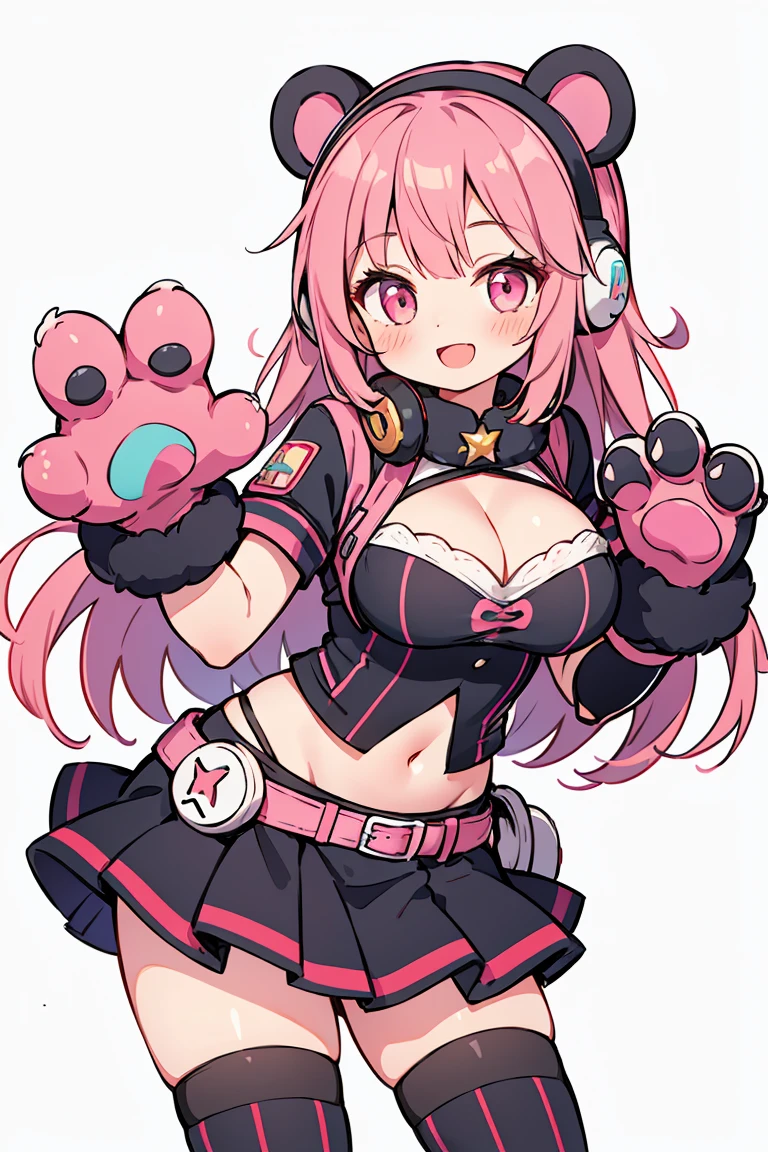 1girl, breasts, solo, headphones, large breasts, pink hair, thigh highs, long hair, looking at the viewer, transparent background, blush, smile, open mouth, bear ears, navel, animal hands, cleavage, animal ears, pink eyes, striped, midriff, skirt, paw gloves, gloves, whole body, striped thigh highs