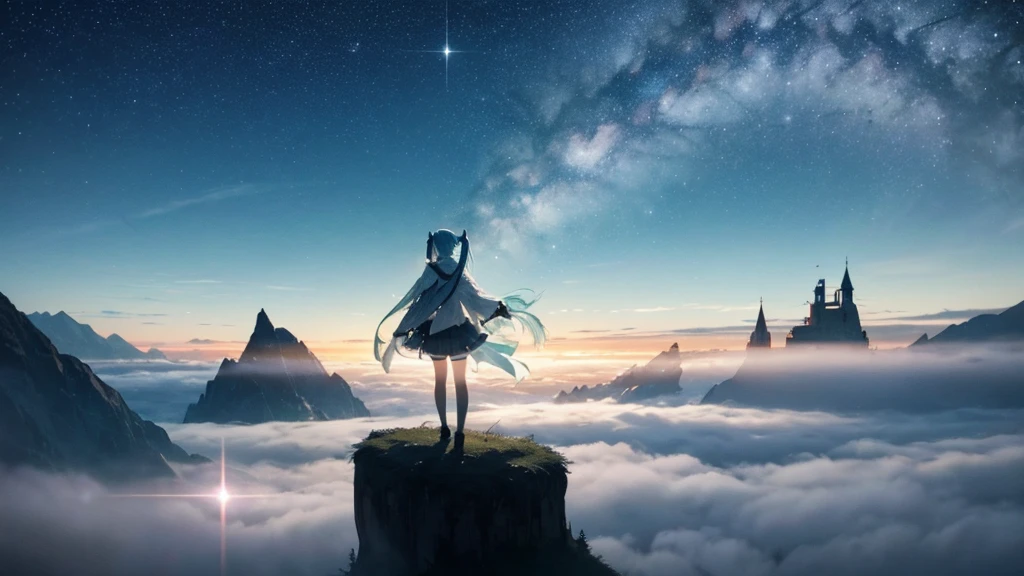 Set against the backdrop of an adventurous fantasy world、This is an image of Hatsune Miku.。She wears a mysterious cloak。The surroundings are shrouded in fog、In the distance you can see the silhouette of an ancient castle。The sky is a starry night、The moon casts a magical light over the forest.。
