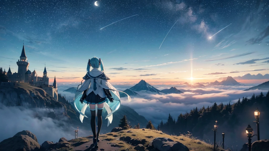 Set against the backdrop of an adventurous fantasy world、This is an image of Hatsune Miku.。She wears a mysterious cloak。The surroundings are shrouded in fog、In the distance you can see the silhouette of an ancient castle。The sky is a starry night、The moon casts a magical light over the forest.。