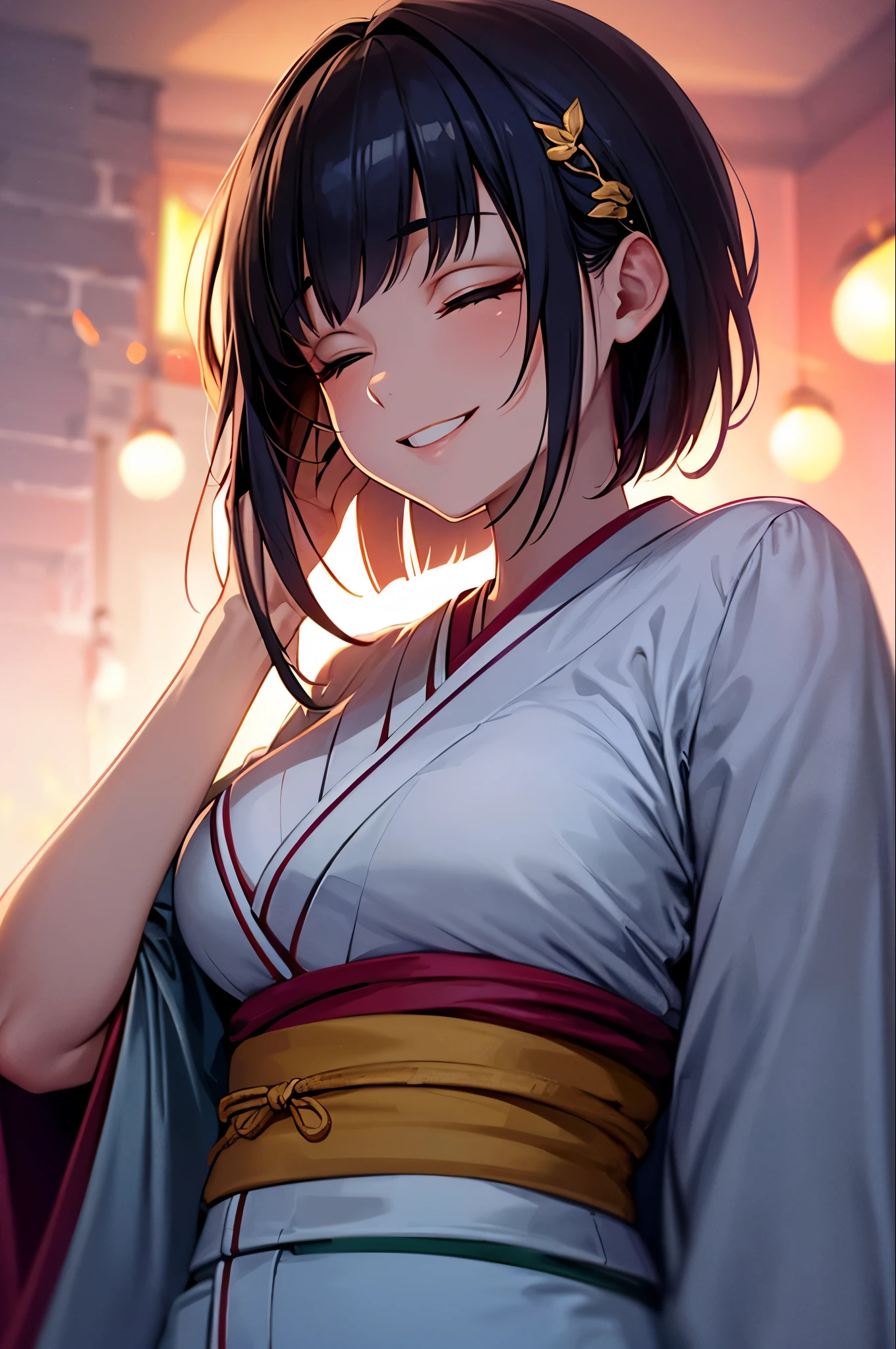 An absurd solution, High resolution, (masterpiece: 1.4), Very detailed, (1 female: 1.3), (alone: 1.4), firework, Short Bob, Short Bob, kimono, Recall, Close ~ eyes, smile, Light, Makoto Shinkai style, Extreme close up of face, Ultra-fine Illustration, Vibrant colors, cinematic Light, exciting Light production, Attention to detail, Vibrant colors, hairpin, kimono, Large lateral breasts, Recall, Happy, smile, From below,